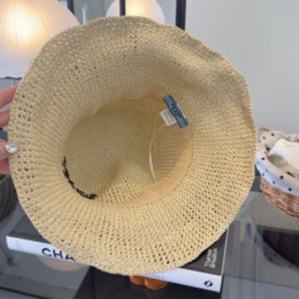 ✨Prada Logo Embroidered Crochet Straw Wide Brim Bucket Sun Hat - Picture 4 of 5